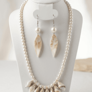 Boho Cowrie Shell Pearl Necklace Set with Matching Leaf Earrings Online