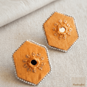 Fabric Mirror Work Hexagon Stud Earrings – Handcrafted Yellow Studs