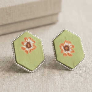 Fabric Floral Hexagon Stud Earrings – Handcrafted Green Studs