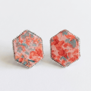 Multicolor Fabric Floral Hexagon Stud Earrings – Handcrafted Boho Studs