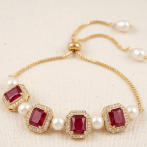 Ruby and Pearl Slider Bracelet – Gold Plated Adjustable Bracelet