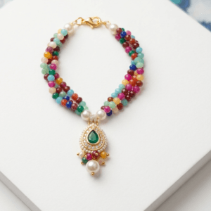 Laddu Gopal Ji Multi-Color Plastic Bead Necklace with Green Pendant | Taruna Creations