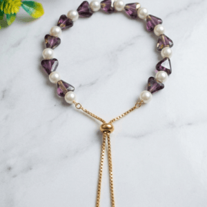 Purple Crystal and Pearl Slider Bracelet – Handcrafted Adjustable Design