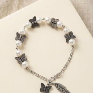 Silver oxidized butterfly pearl bracelet