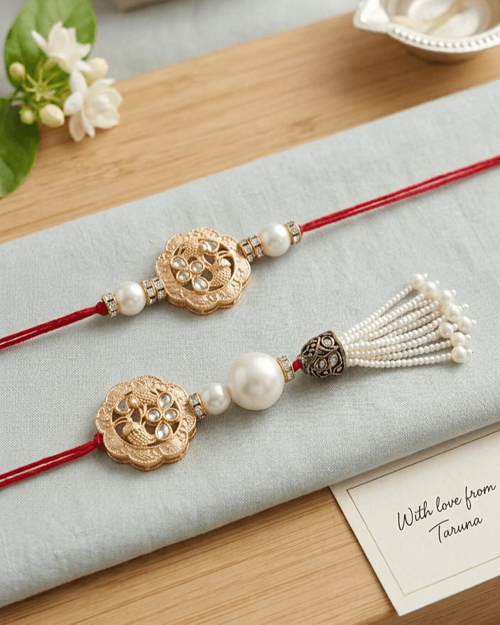 Premium Bhaiya Bhabhi Kundan Rakhi Set with Pearls by Taruna Creations 3 Premium Bhaiya Bhabhi Kundan Rakhi Set with Pearls by Taruna Creations - Image 3