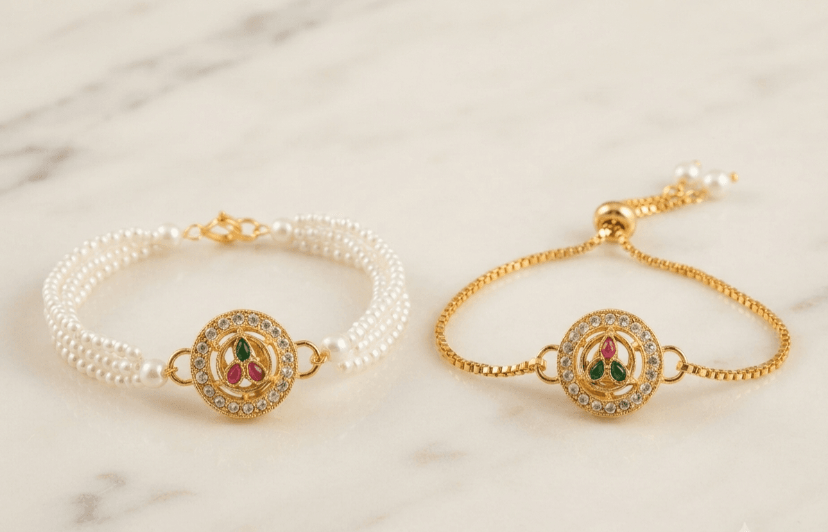 Premium Bhaiya Bhabhi Kundan Rakhi Set with Pearls by Taruna Creations 2 Premium Bhaiya Bhabhi Kundan Rakhi Set with Pearls by Taruna Creations - Image 2