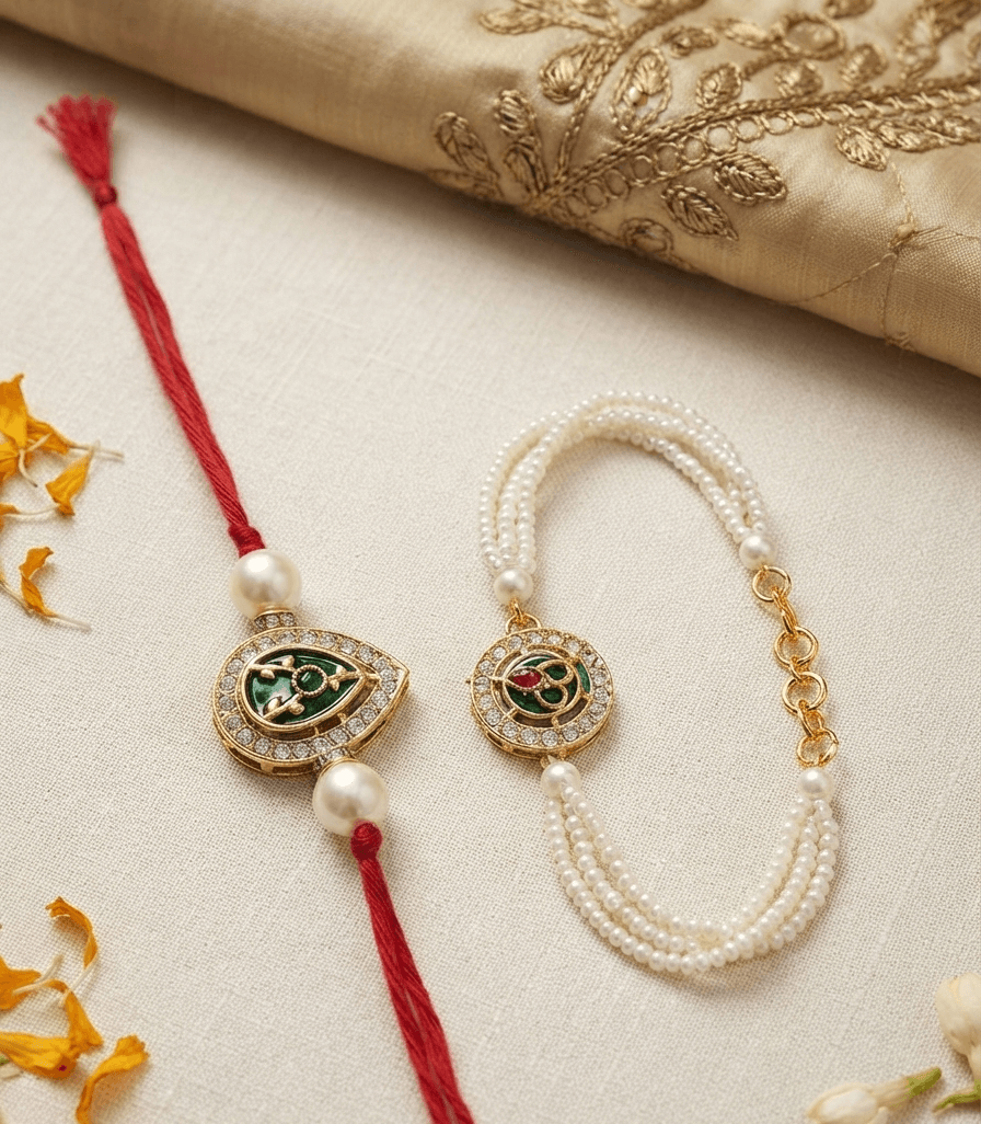 Premium Bhaiya Bhabhi Kundan Rakhi Set with Pearls by Taruna Creations 5 Premium Bhaiya Bhabhi Kundan Rakhi Set with Pearls by Taruna Creations - Image 5