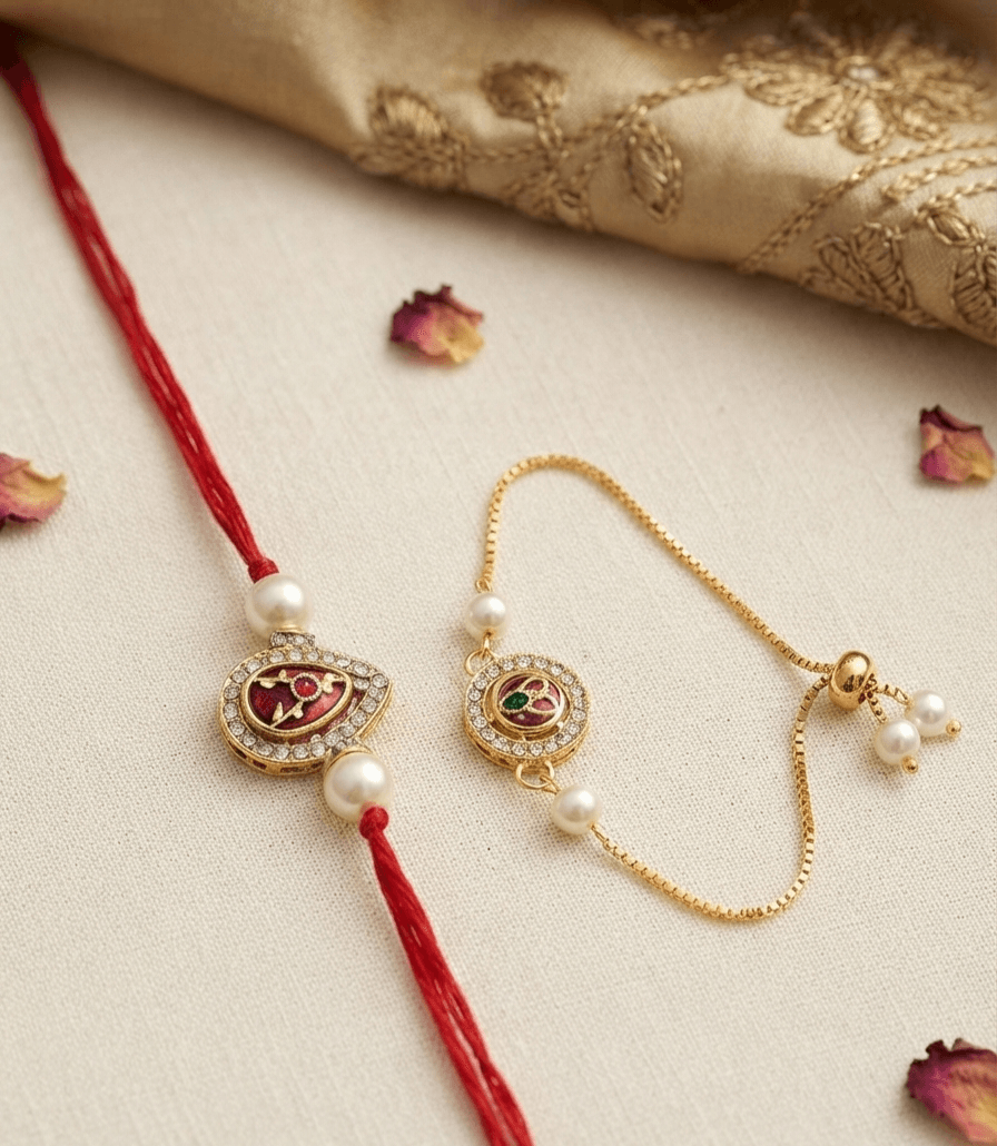 Premium Bhaiya Bhabhi Kundan Rakhi Set with Pearls by Taruna Creations 4 Premium Bhaiya Bhabhi Kundan Rakhi Set with Pearls by Taruna Creations - Image 4
