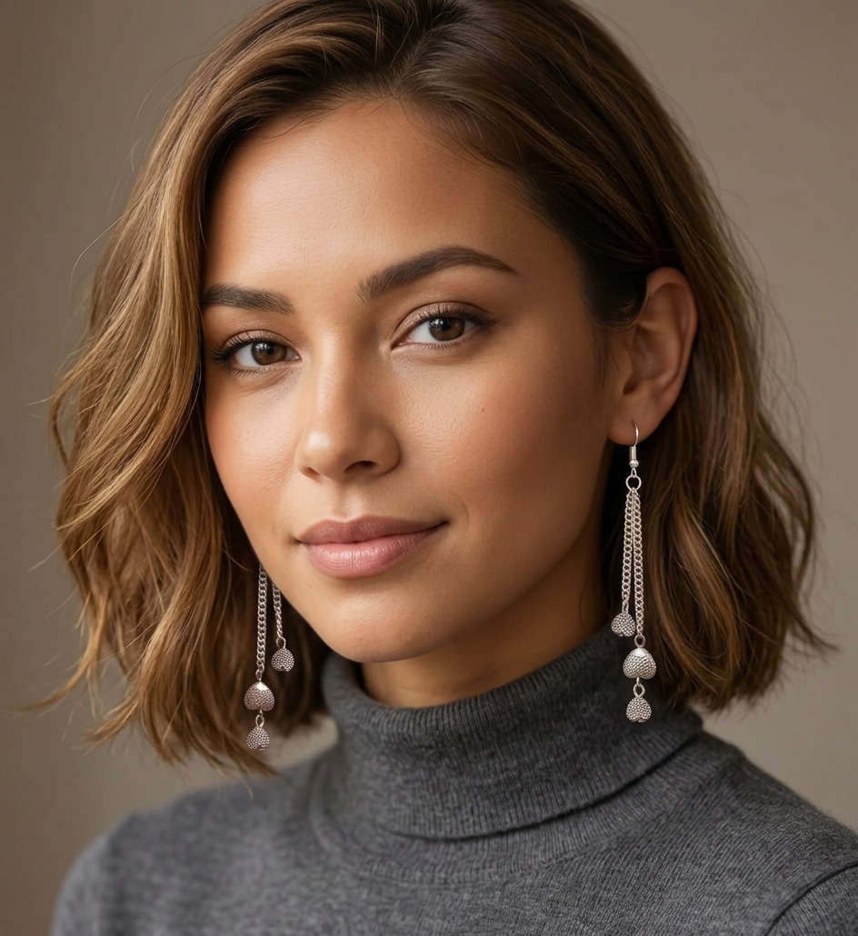 Sleek Handcrafted Silver Layered Chain Heart Drop Earrings 1 handcrafted silver drop earrings
