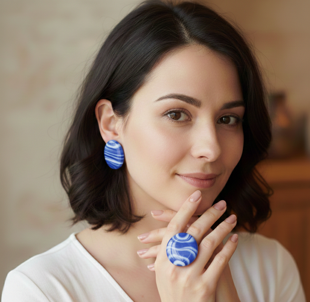 Royal Blue Swirl Handcrafted Gemstone Statement Ring and Oval Earring Set 1 handcrafted gemstone jewelry set