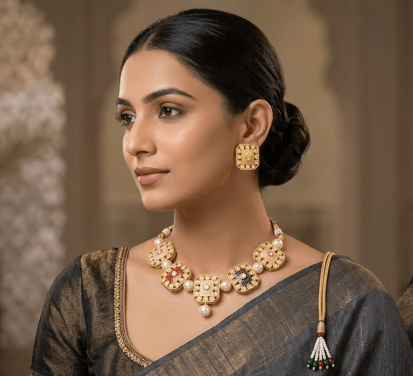 oyal Handcrafted Multi-Color Enamel Meenakari and Pearl Necklace Set with Matching Square Studs 1 handcrafted meenakari necklace set