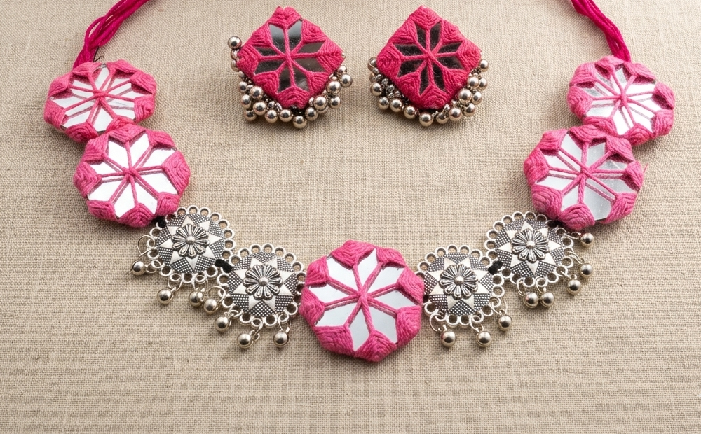 Vibrant Pink Handcrafted Thread and Mirror Work Necklace Set with Oxidised Silver Details 2 handcrafted mirror work jewelry set