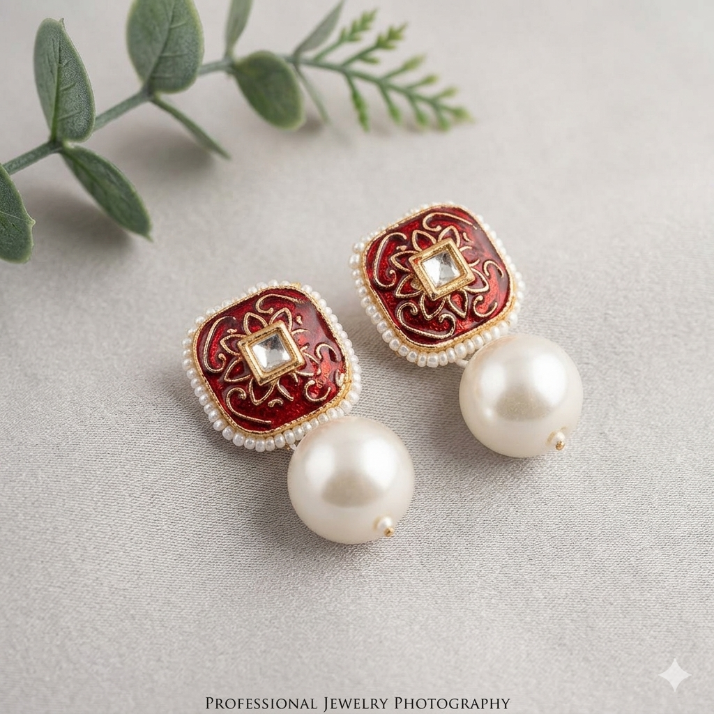 Handcrafted Red Meenakari and Pearl Drop Square Stud Earrings 2 Handcrafted Red Meenakari and Pearl Drop Square Stud Earrings - Image 2