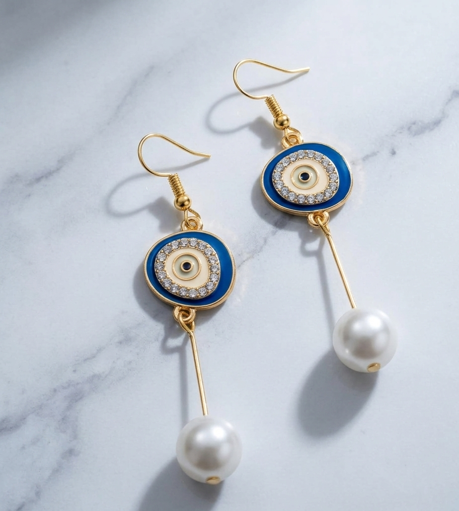 Handcrafted Evil Eye Pearl Earrings with Royal Blue Enamel and Elegant Drop Pearls by Taruna Creations 2 Handcrafted Evil Eye Pearl Earrings