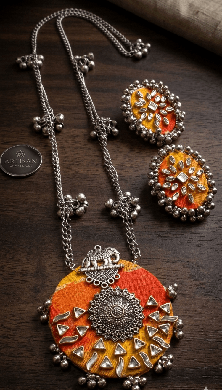 Handcrafted Tie-Dye Fabric Necklace Set with Oxidized Elephant Pendant and Studs 2 Handcrafted Tie-Dye Fabric Necklace Set with Oxidized Elephant Pendant and Studs - Image 2