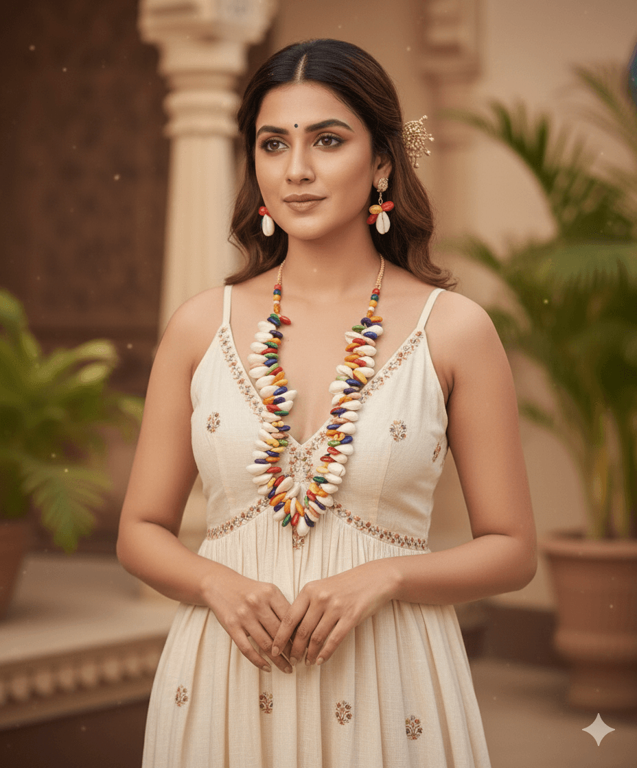 Handcrafted Cowrie Shell Necklace Set with Vibrant Multicolor Threadwork and Matching Earrings by Taruna Creations 1 Handcrafted Cowrie Shell Necklace Set