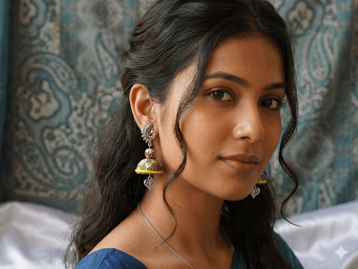 Handcrafted Fabric Jhumka Earrings with Silver Peacock Studs and Heart Hangings by Taruna Creations 1 Handcrafted Fabric Jhumka Earrings