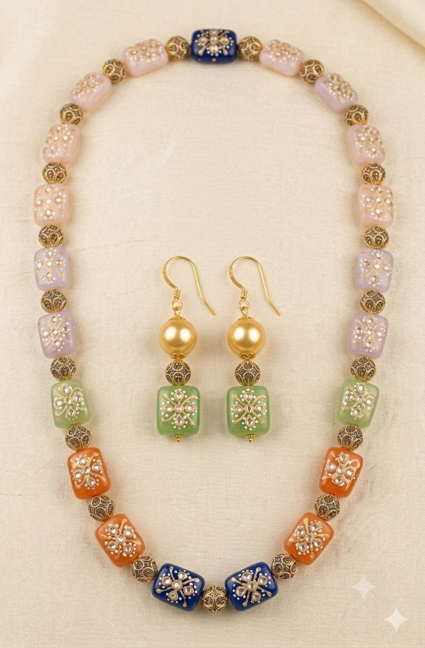 Handcrafted Multicolor Beaded Necklace - Traditional Festive Mala with Stone and Gold Bead Accents 2 Handcrafted Multicolor Beaded Necklace
