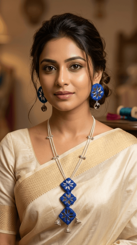 Blue Thread Mirror Work Necklace Set