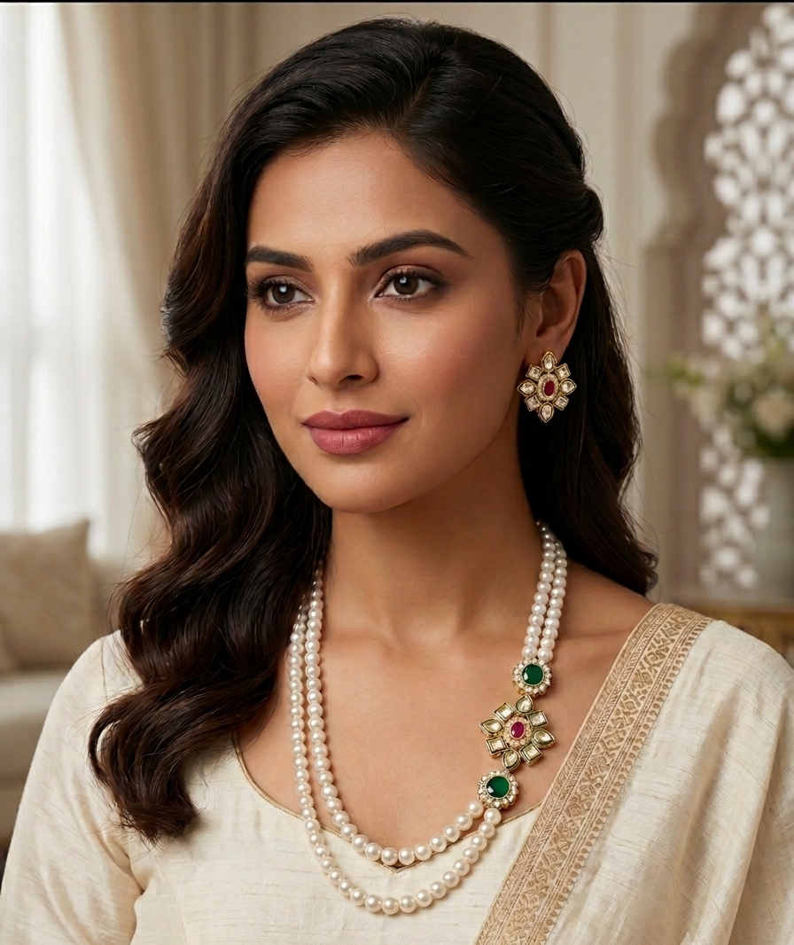 Handcrafted Kundan Pearl Necklace Set with Royal Green and Red Stones by Taruna Creations 1 Handcrafted Kundan Pearl Necklace Set