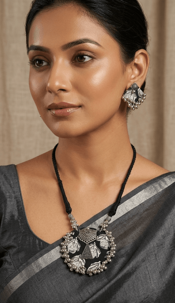 Monochrome Floral Fabric Necklace and Earring Set with Oxidised Silver Detailing 1 handcrafted fabric jewelry set
