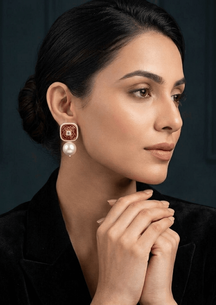 Handcrafted Red Meenakari and Pearl Drop Square Stud Earrings 1 Traditional Meenakari Pearl Earrings